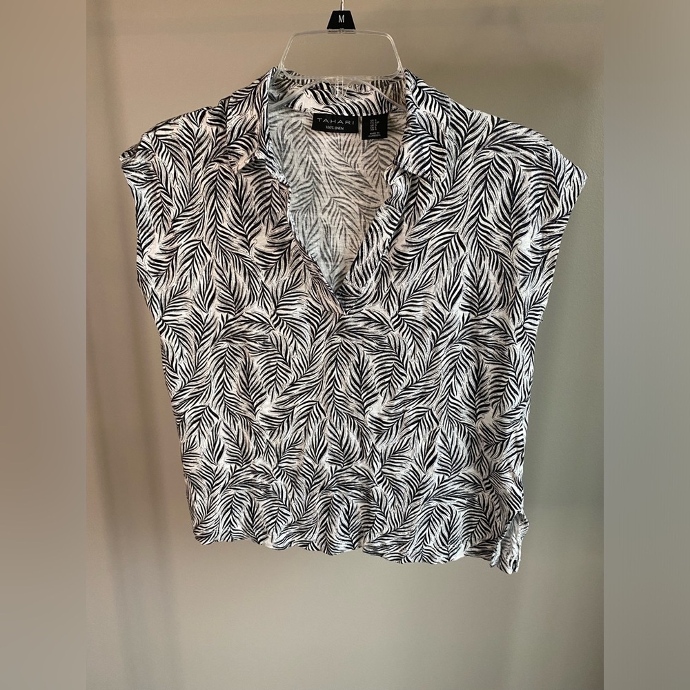Tahari 100% linen palm leaf tropical style drop shoulder v-neck shirt